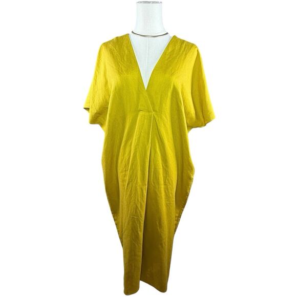 Zara Mustard Yellow Linen Blend Midi Dress | V-Neck Oversized Kaftan | XS - Picture 2 of 11